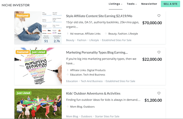 How To Invest In A Website - screenshot showing niche inevstor marketplace website for sale listings