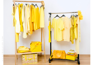 organized color coded yellow clothes and accessories