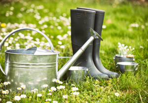 gardening boots and tin watering can on lawn
