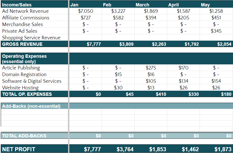 Profit and Loss for niche site income report