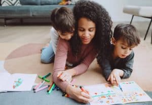 mom and 2 kids coloring